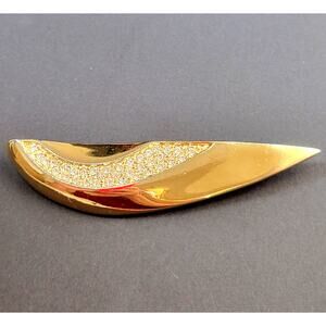 Vintage Gold Tone Curved Brooch 3.32" Rhinestone Accents Elegant Pin